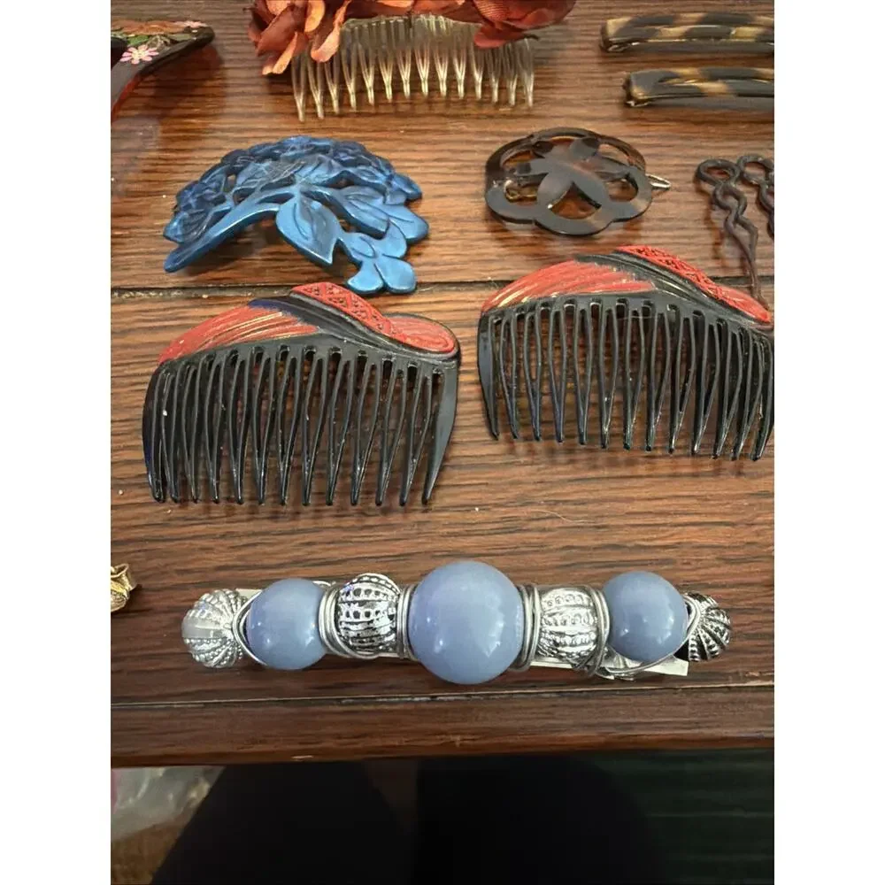 Vintage Lot Of Hair Pins Clips Berets Combs Hand Painted, Celluloid 50’s - 90’s